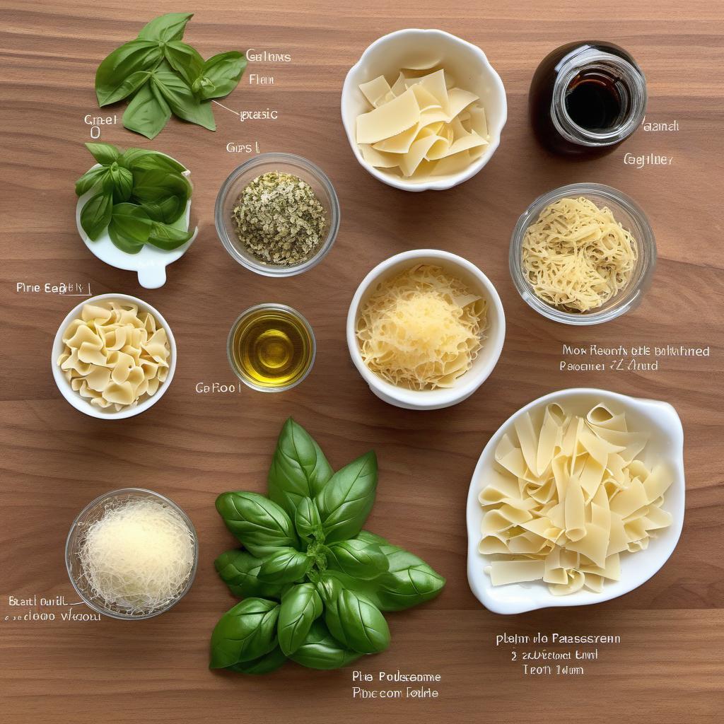 Items needed to answer the question, How do I make pesto pasta for a crowd. Items include:  Fresh basil leaves  Pine nuts  Garlic cloves  Grated Parmesan cheese  Olive oil  Pasta  Extra grated Parmesan cheese (for garnish)  Toasted pine nuts (for garnish)
