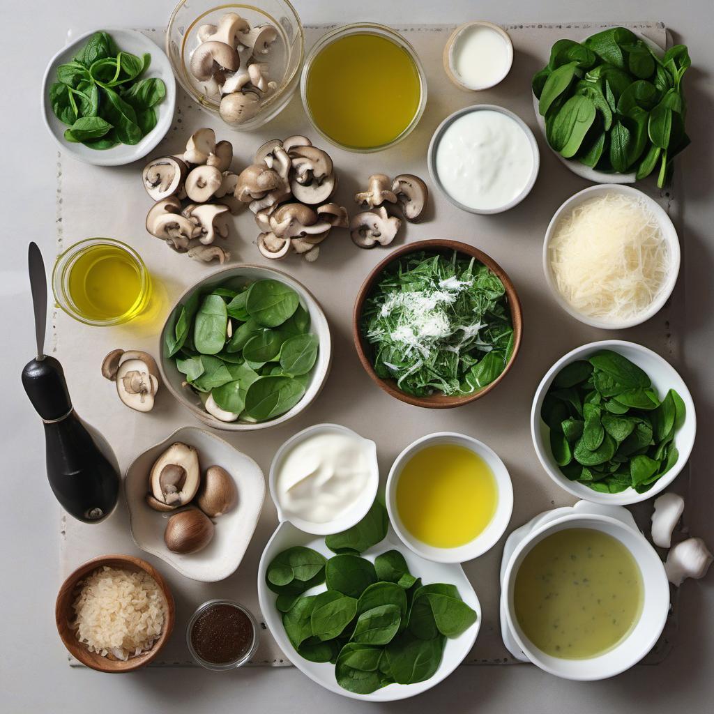 Items needed to answer the question, How do I lighten up Alfredo Sauce without losing flavor. Items include:  Spinach  Mushrooms  Zucchini  Olive oil  Greek yogurt  Parmesan cheese  Salt  Black pepper  Nutmeg  Milk or chicken broth