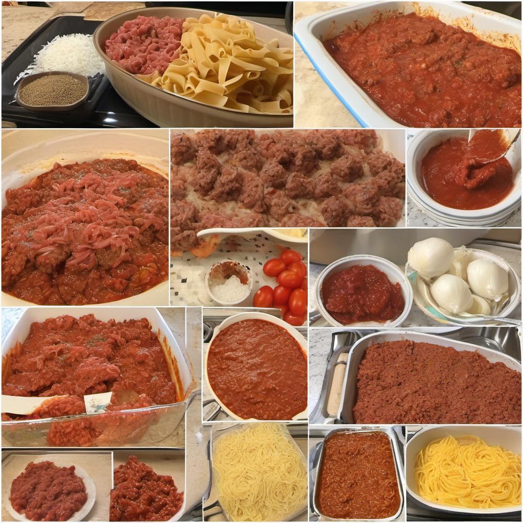 Items needed to answer the question, How do I make a classic lasagna. Items include:  Ground Beef  Onion  Garlic  Tomato Sauce  Crushed Tomatoes  Tomato Paste  Sugar  Italian Seasoning  Salt  Pepper  Lasagna Noodles  Ricotta Cheese  Shredded Mozzarella Cheese