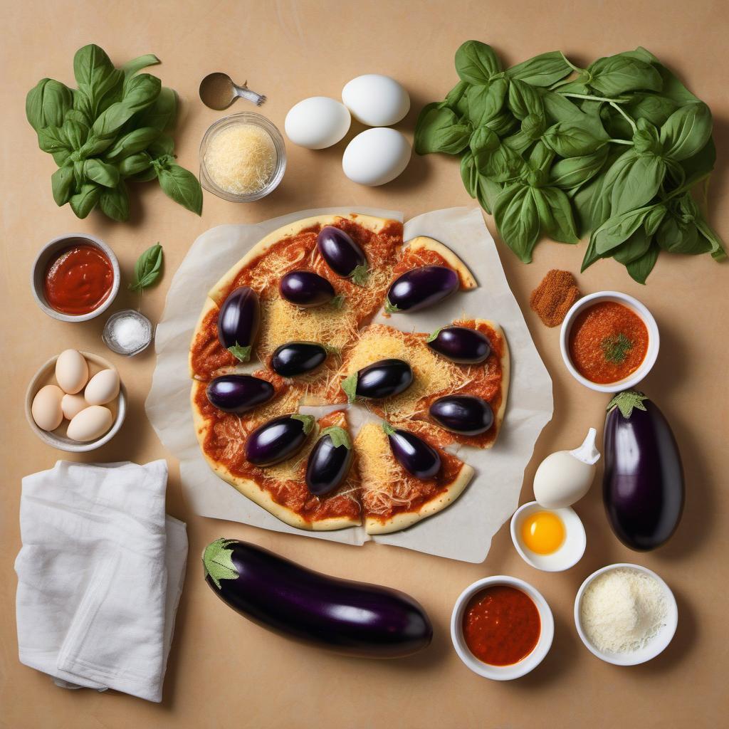 Items needed to answer the question, How do I make Eggplant Parmesan pizza. Items include:  eggplant  eggs  breadcrumbs  parmesan cheese  italian seasoning  pizza dough  marinara sauce  mozzarella cheese  basil leaves