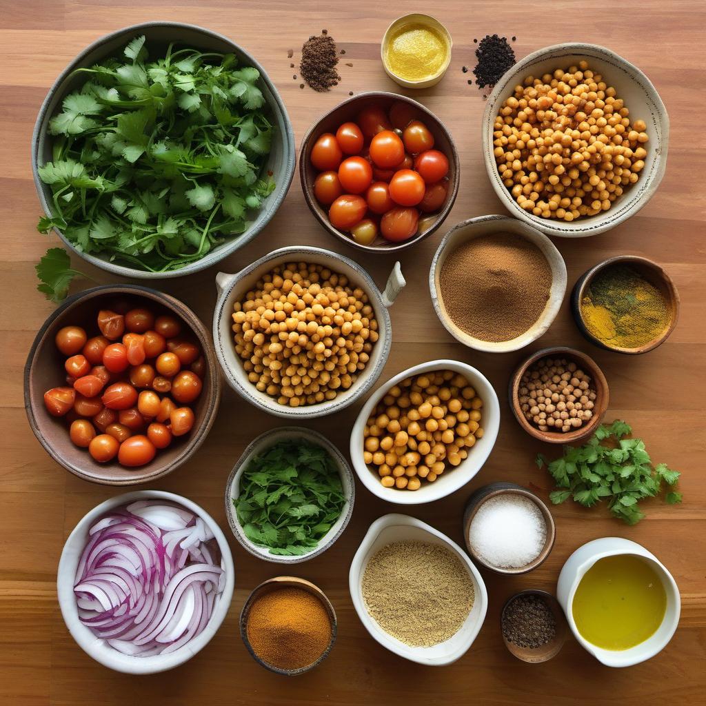 Items needed to answer the question, How do I cook a lip-smacking Chickpea Curry at home. Items include:  chickpeas  onions  tomatoes  ginger  garlic  green chilies  spices (coriander, cumin, turmeric, garam masala)  oil  salt  cilantro