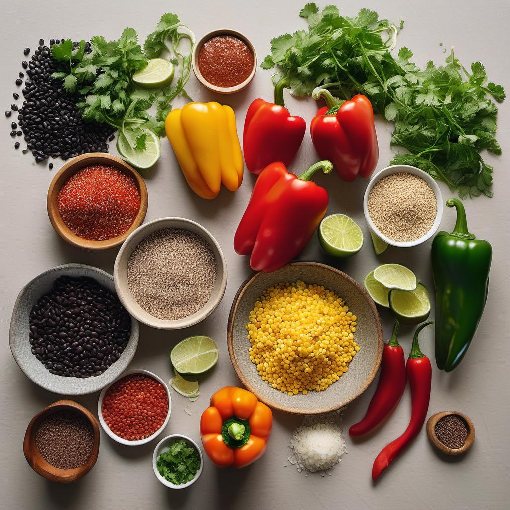 Items needed to answer the question, How do I cook Vegan Stuffed Bell Peppers. Items include:  Bell Peppers  Cooked Quinoa  Diced Tomatoes  Black Beans  Corn  Chopped Onion  Minced Garlic  Favorite Seasonings  Fresh Cilantro or Parsley  Lime Juice