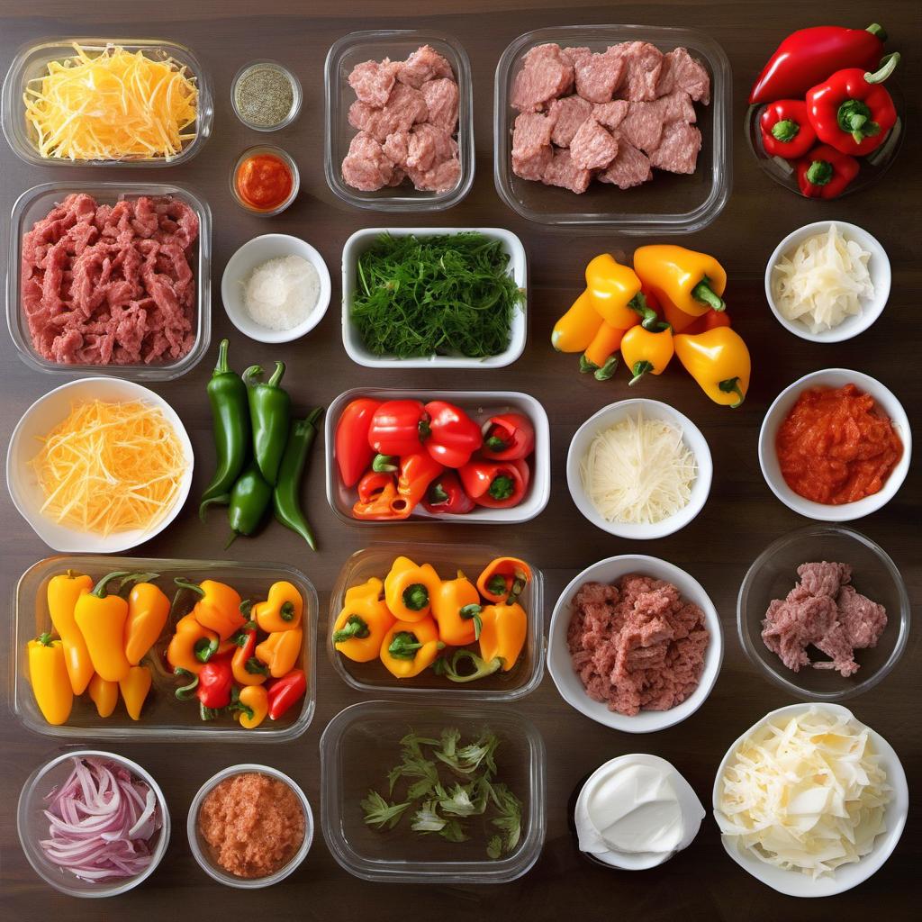 Items needed to answer the question, How do I make Mini Stuffed Bell Peppers. Items include:  mini bell peppers  cream cheese  shredded cheese  cooked ground meat  sautéed vegetables  salt  pepper  herbs or spices  fresh herbs (for garnish)  grated cheese (for garnish)