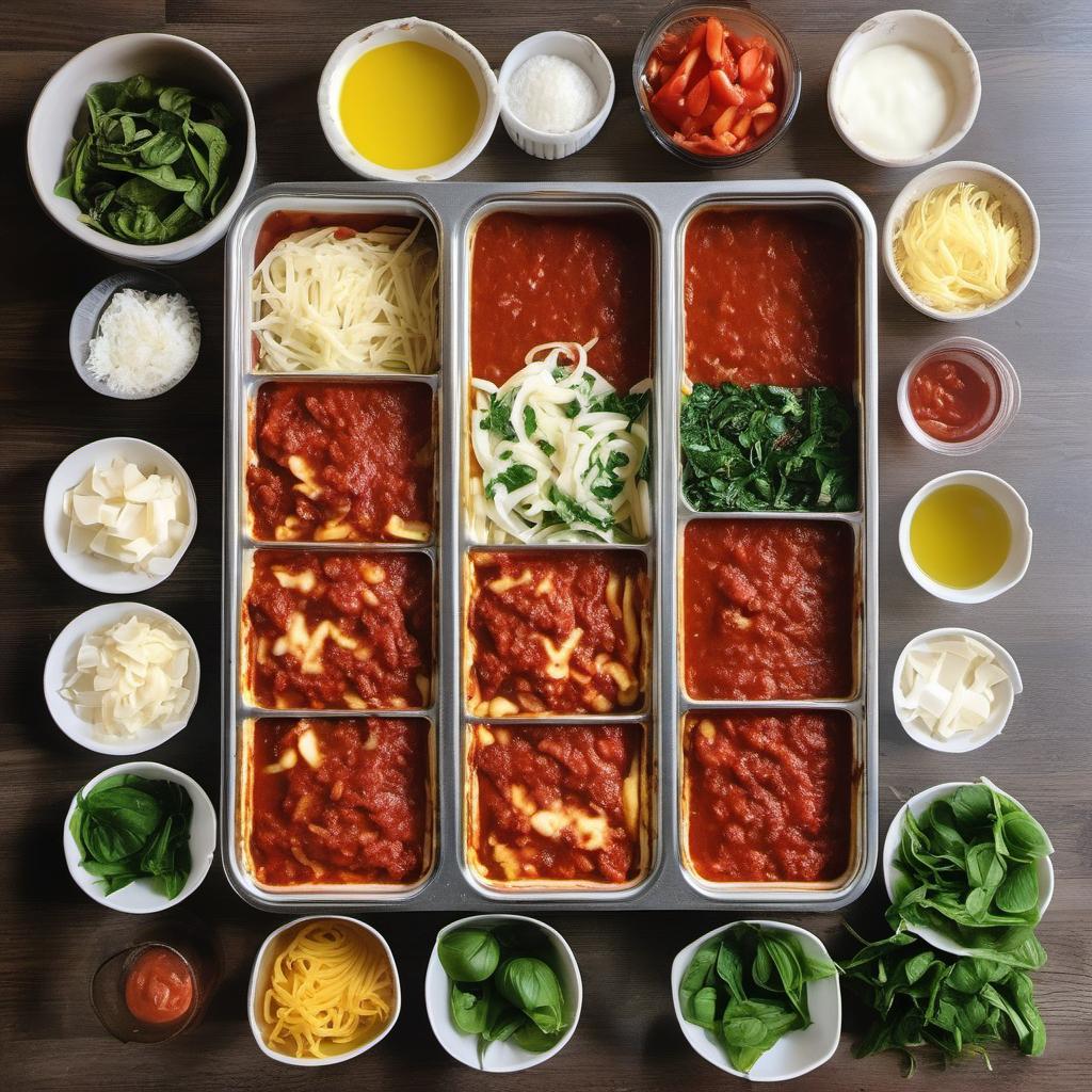 Items needed to answer the question, How do I whip up a veggie lasagna that even meat lovers will crave. Items include:  Marinara Sauce  Lasagna Noodles  Olive Oil  Onions  Garlic  Salt  Vegetable Filling  Mozzarella Cheese