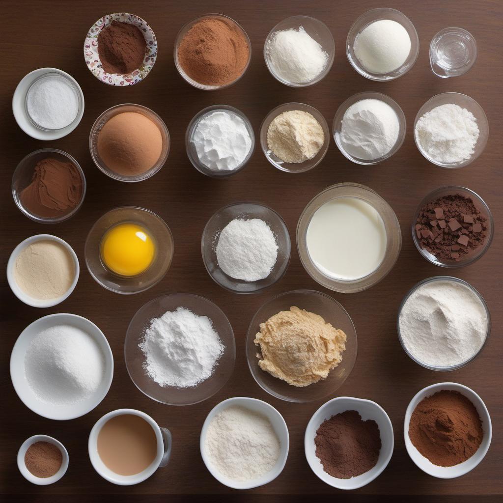 Items needed to answer the question, How do I make a moist and fluffy chocolate sheet cake. Items include:  All-purpose flour  Granulated sugar  Unsweetened cocoa powder  Baking powder  Baking soda  Salt  Eggs  Whole milk  Vegetable oil  Vanilla extract  Hot water