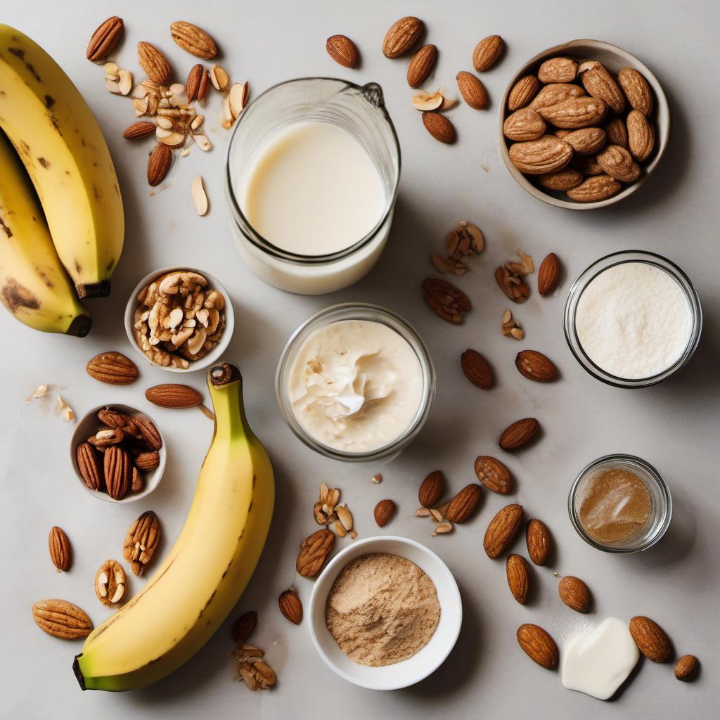 Items needed to answer the question, How do I create a healthy vegan banana bread. Items include:  ripe bananas  almond milk  maple syrup  vanilla extract  whole wheat flour  baking soda  salt  chopped walnuts