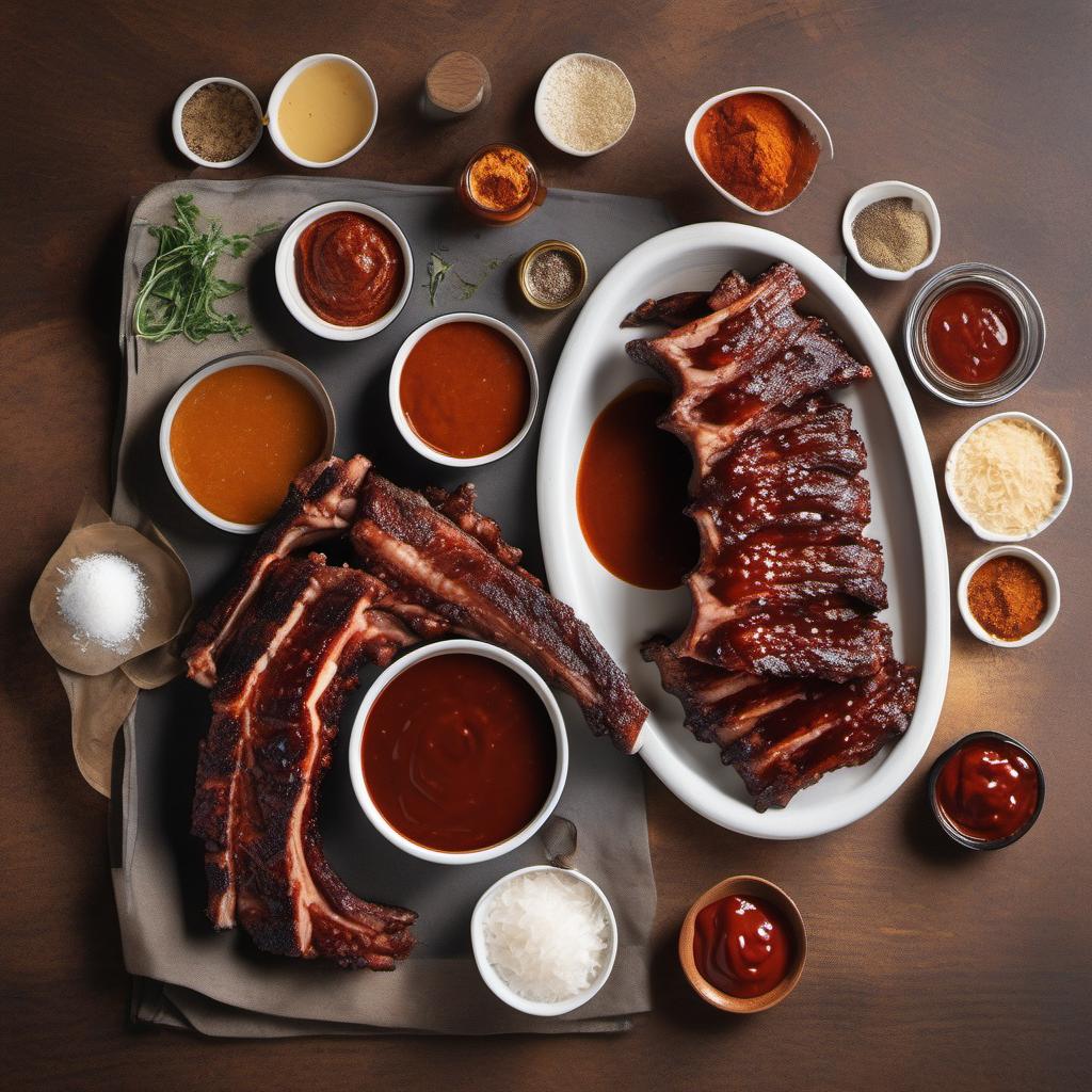 Items needed to answer the question, How do I spice up my BBQ ribs. Items include:  Ribs  BBQ sauce  Hot sauce  Brown sugar  Paprika  Cayenne pepper  Salt  Pepper