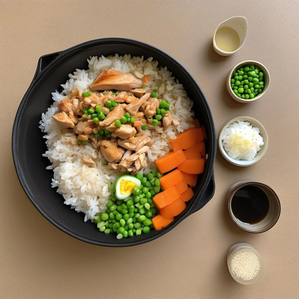 Items needed to answer the question, How do I transform leftovers into Chicken Fried Rice. Items include:  leftover chicken  cooked rice  diced vegetables (carrots, peas, onions)  minced garlic  beaten eggs  soy sauce  sesame oil