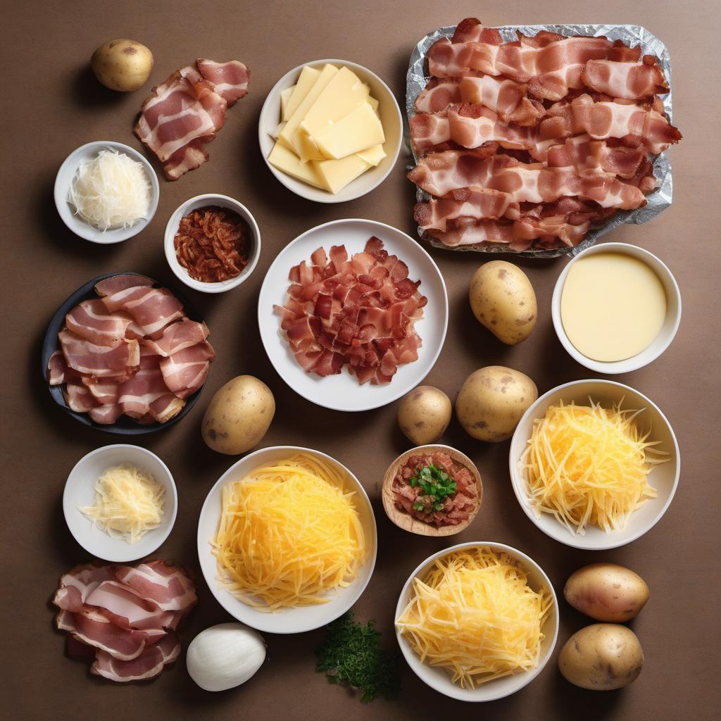 Items needed to answer the question, How do I make delicious Potato Skins with Cheese and Bacon. Items include:  Potatoes  Shredded Cheese  Cooked Bacon