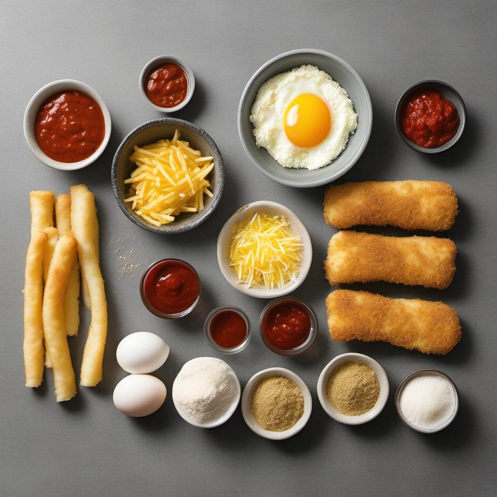 Items needed to answer the question, How do I make mozzarella sticks a party hit. Items include:  mozzarella cheese sticks  all-purpose flour  eggs  bread crumbs  Italian seasoning  garlic powder  salt  vegetable oil  marinara sauce