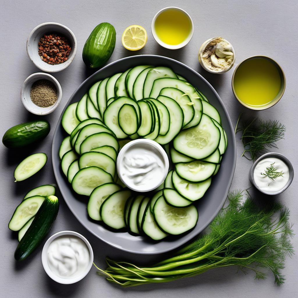 Items needed to answer the question, How do I make Tzatziki cucumber salad. Items include:  Cucumbers  Greek Yogurt  Garlic  Lemon Juice  Fresh Dill  Extra Virgin Olive Oil  Salt  Pepper