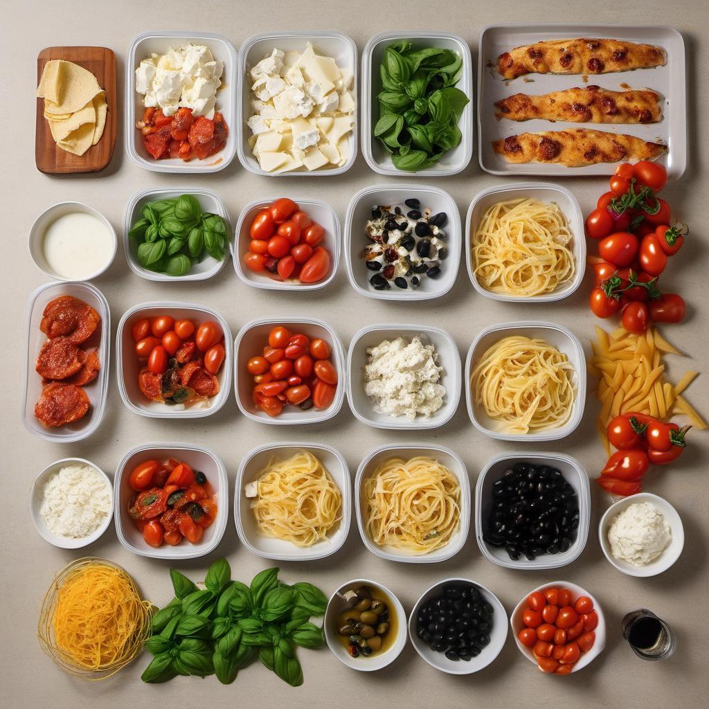 Items needed to answer the question, How do I use pesto in creative ways. Items include:  Boneless, skinless chicken breasts  Toothpicks  Pre-made pizza crust  Mozzarella or goat cheese  Cherry tomatoes  Roasted red peppers  Fresh basil leaves  Pasta  Sliced black olives  Crumbled feta cheese