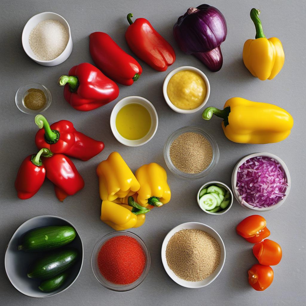 Items needed to answer the question, How do I make a colorful Quinoa Salad with Veggies. Items include:  Quinoa  Red bell pepper  Yellow bell pepper  Cucumber  Small red onion  Olive oil  Lemon juice  Honey  Dijon mustard  Salt and pepper