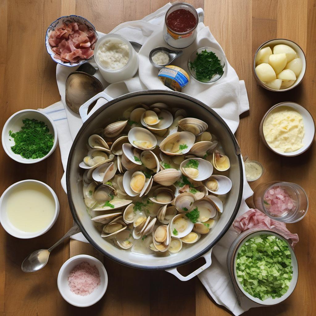 Items needed to answer the question, How do I make the creamiest New England Clam Chowder. Items include:  Clams  Bacon  Onion  Celery stalks  Potatoes  Clam juice  Heavy cream  Butter  Flour  Salt and pepper  Fresh parsley