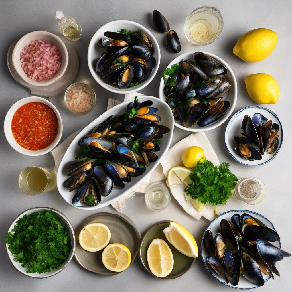 Items needed to answer the question, How do I impress guests with a mouthwatering Mussels in White Wine Sauce. Items include:  Mussels  Garlic  Shallots  Red Pepper Flakes  Dry White Wine  Chicken or Vegetable Broth  Fresh Parsley  Lemon