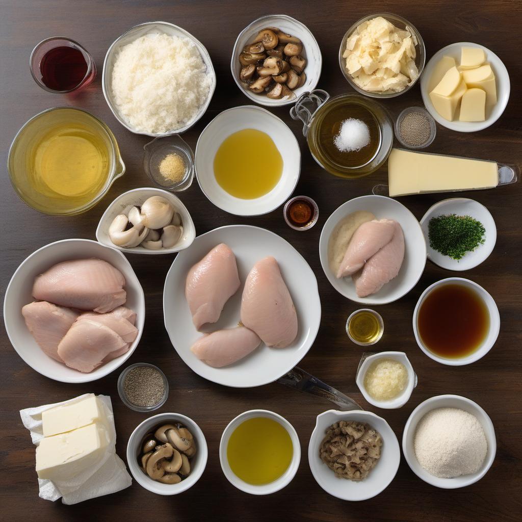 Items needed to answer the question, How do I create a gluten-free version of Chicken Marsala. Items include:  Chicken breasts  Gluten-free all-purpose flour  Salt  Pepper  Olive oil  Butter  Minced garlic  Sliced mushrooms  Marsala wine  Chicken broth