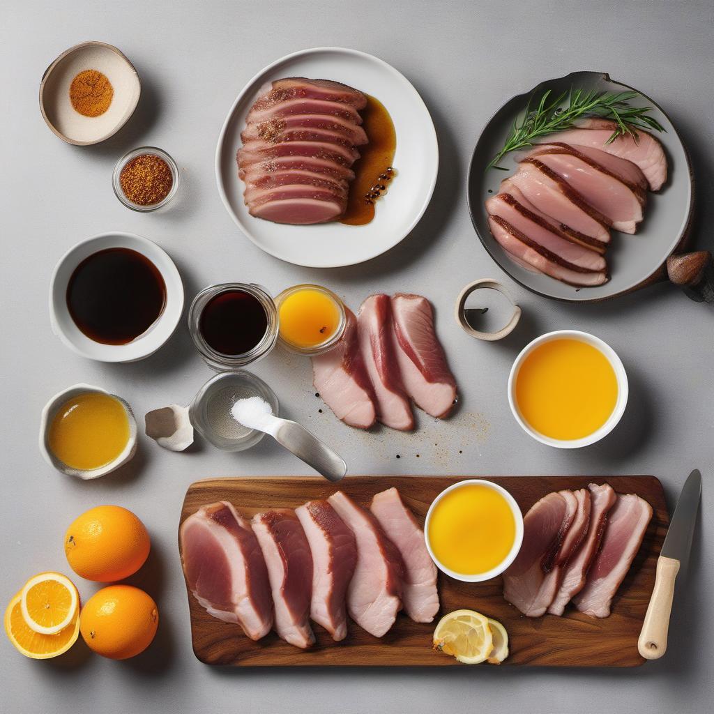 Items needed to answer the question, How do I simplify Duck à lOrange. Items include:  Duck breast  Orange juice  Orange zest  Honey  Soy sauce  Salt  Pepper
