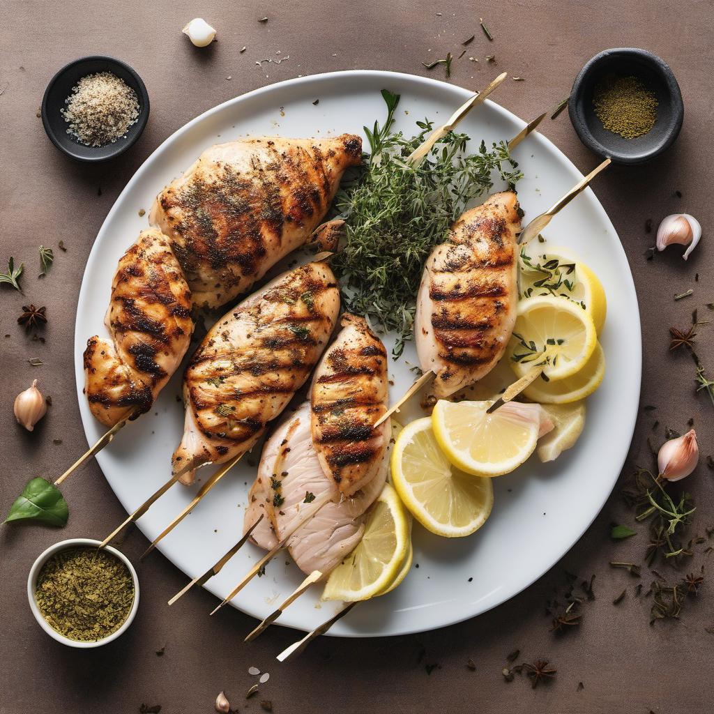 Items needed to answer the question, How do I marinate Chicken Souvlaki like a pro. Items include:  Chicken Breasts  Olive Oil  Lemon Juice  Garlic  Dried Oregano  Salt  Black Pepper  Skewers