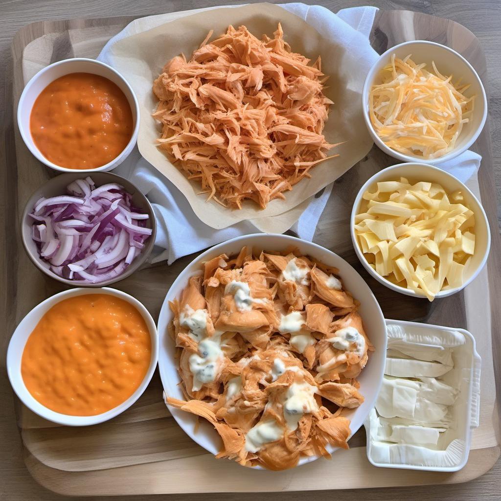 Items needed to answer the question, How do I make Buffalo Chicken Pizza. Items include:  Shredded cooked chicken  Buffalo sauce  Pizza dough  Blue cheese dressing or ranch dressing  Mozzarella cheese  Cheddar cheese  Red onions or celery  Additional Buffalo sauce for drizzling