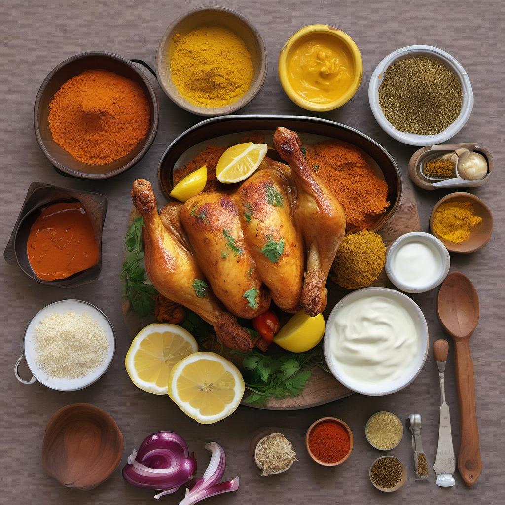 Items needed to answer the question, How do I make Indian Butter Chicken with a spicy kick. Items include:  Chicken  Yogurt  Lemon juice  Paprika  Turmeric  Cayenne pepper  Garam masala  Ground cumin  Salt  Oil  Butter  Onion  Garlic  Ginger paste  Tomato puree  Heavy cream  Fresh cilantro
