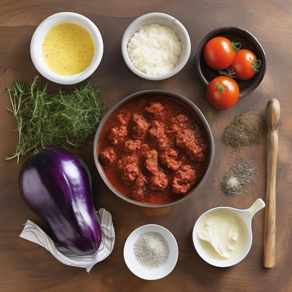 Items needed to answer the question, How do I make Mini Greek Moussaka Bites. Items include:  eggplant  olive oil  ground meat  garlic  onion  tomato sauce  Greek herbs  salt and pepper  butter  flour  milk  feta cheese