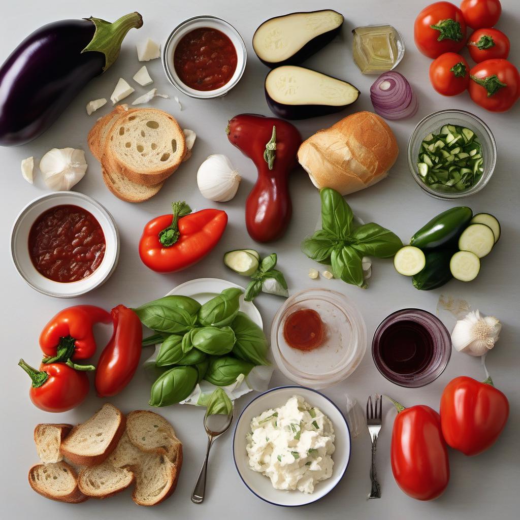 Items needed to answer the question, How do I create a Caponata-inspired bruschetta. Items include:  Eggplant  Onion  Garlic Cloves  Red Bell Pepper  Zucchini  Canned Diced Tomatoes  Capers  Red Wine Vinegar  Sugar  Red Pepper Flakes  Baguette  Goat Cheese or Ricotta Cheese  Fresh Basil Leaves