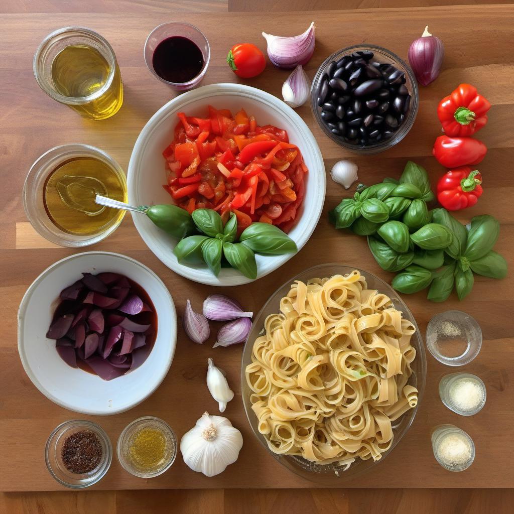 Items needed to answer the question, How do I prepare a Caponata pasta salad. Items include:  pasta  eggplant  red bell pepper  onion  garlic cloves  diced tomatoes  capers  olives  red wine vinegar  olive oil  basil leaves  Parmesan cheese