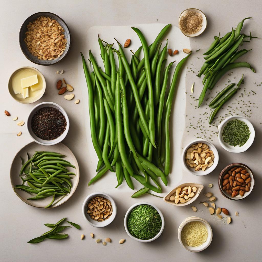 Items needed to answer the question, How do I make mouthwatering Garlic Green Beans Almondine. Items include:  Green Beans  Garlic  Almonds  Butter  Salt  Pepper