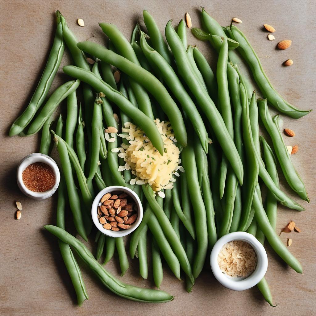 Items needed to answer the question, How do I impress my guests with Garlic Green Beans Almondine. Items include:  Green beans  Slivered almonds  Butter  Minced garlic  Salt  Pepper