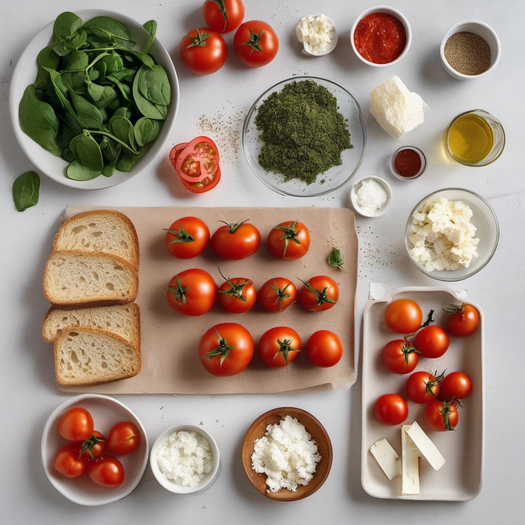 Items needed to answer the question, How do I bake Spinach and Feta Stuffed Tomatoes. Items include:  Tomatoes  Spinach  Feta Cheese  Bread Crumbs  Garlic  Salt  Pepper
