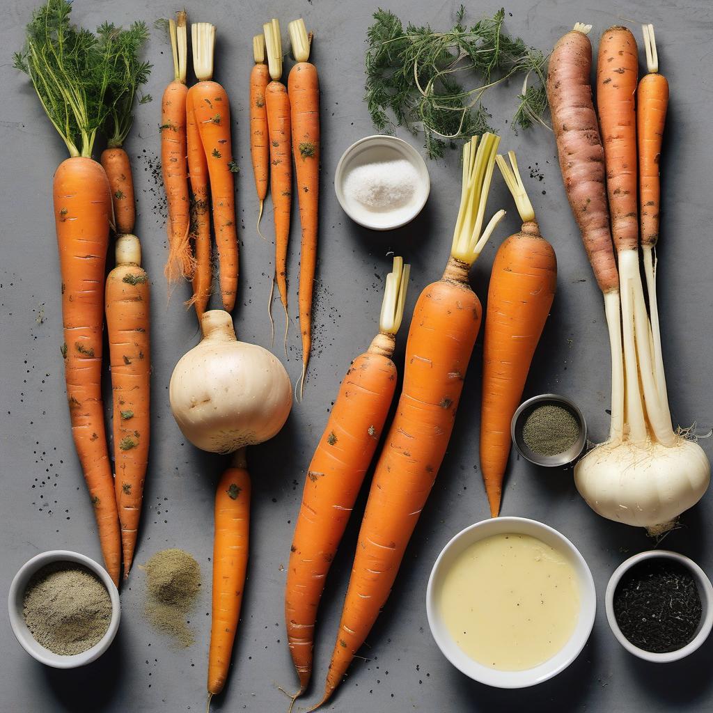 Items needed to answer the question, How do I roast a medley of root vegetables. Items include:  Carrots  Parsnips  Sweet potato  Olive oil  Salt  Black pepper  Garlic powder  Dried thyme