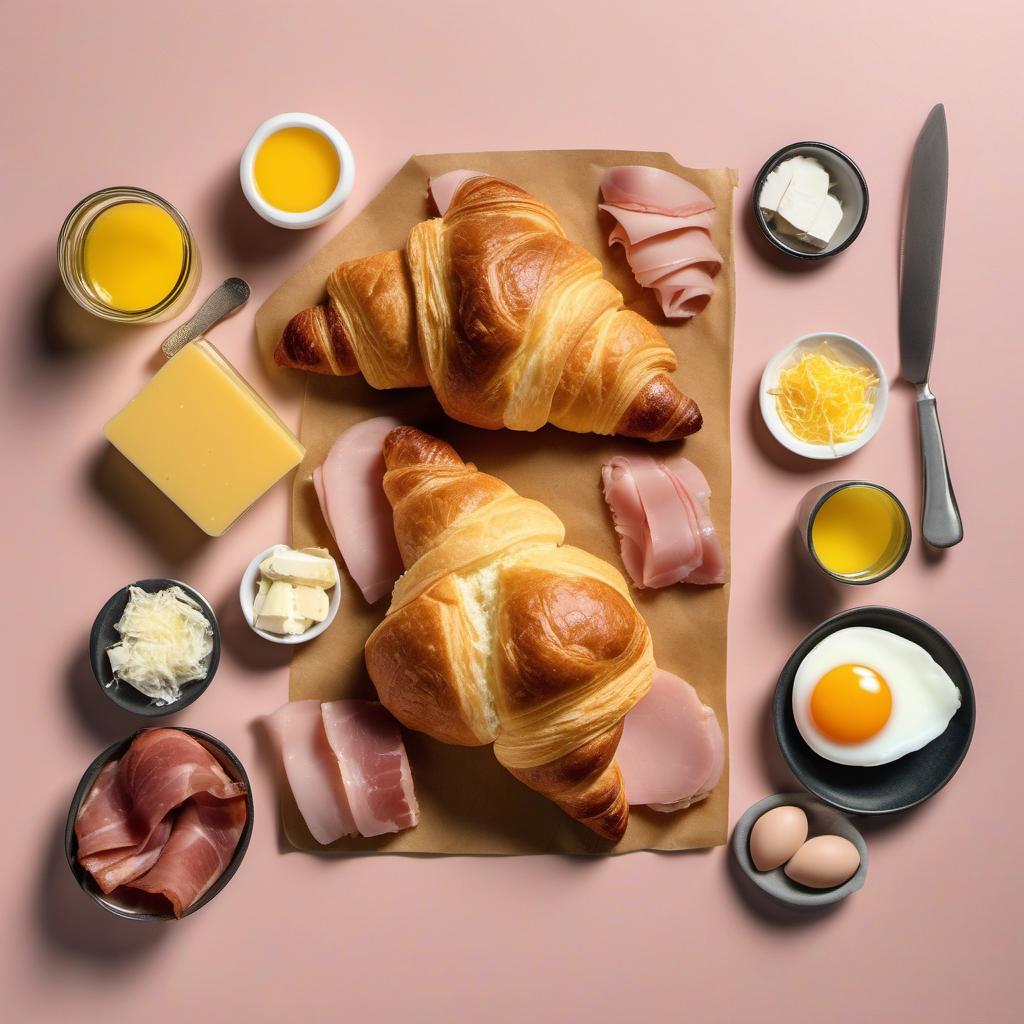 Items needed to answer the question, How do I create savory ham and cheese croissants. Items include:  Croissants  Sliced ham  Cheese slices  Egg  Water