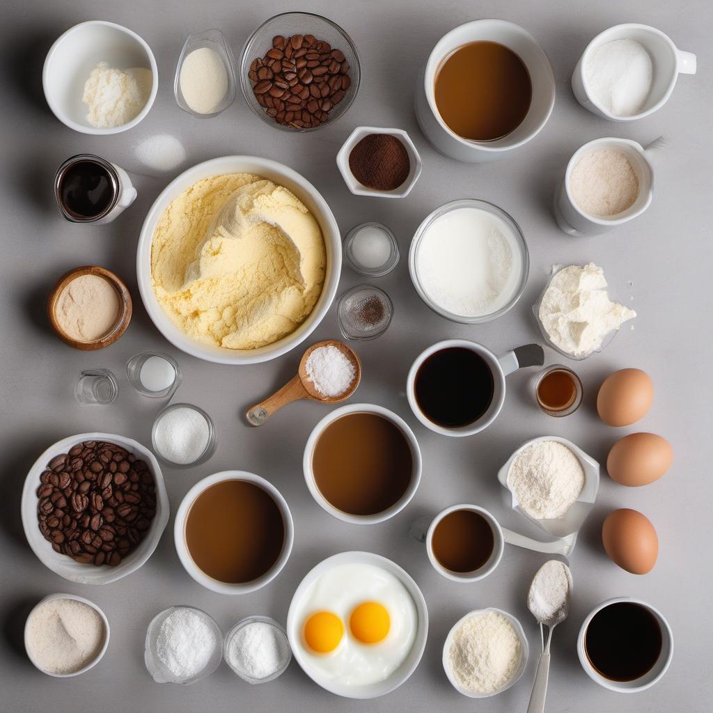 Items needed to answer the question, How do I make a Tiramisu cake. Items include:  All-purpose flour  Baking powder  Salt  Unsalted butter  Granulated sugar  Eggs  Vanilla extract  Milk  Strong coffee