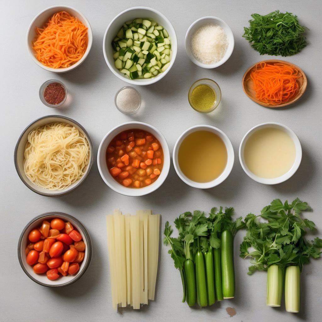 Items needed to answer the question, How do I customize my Minestrone Soup. Items include:  Vegetable broth  Carrots  Celery  Zucchini  Tomatoes  Protein of choice  Italian herbs  Red pepper flakes  Salt and pepper  Cooked pasta, beans, or rice  Grated Parmesan cheese