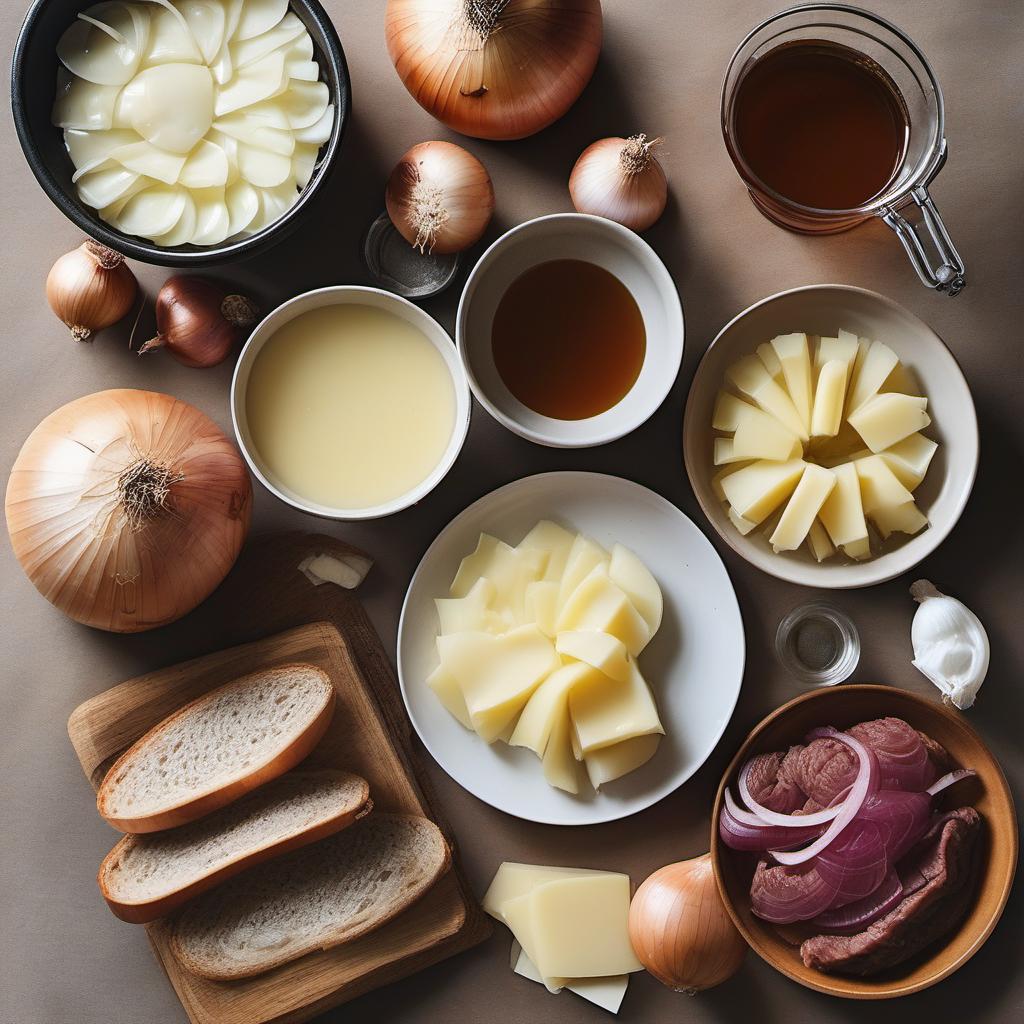Items needed to answer the question, How do I make French Onion Soup with a twist. Items include:  Onions  Butter  Balsamic Vinegar  Beef Broth  Gruyère Cheese  Crusty Bread