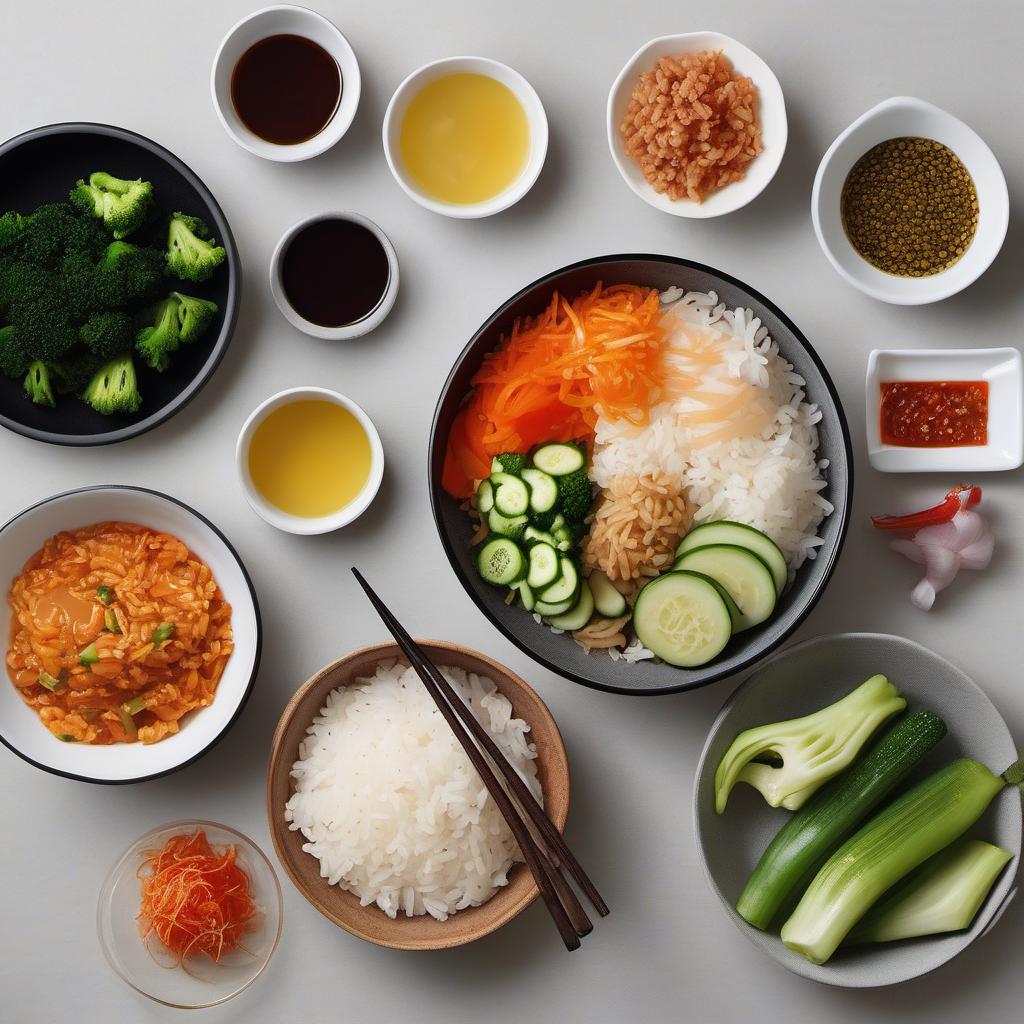 Items needed to answer the question, How do I customize my Kimchi Fried Rice. Items include:  Rice or Grain  Sauce  Assorted Veggies  Protein  Kimchi  Oil