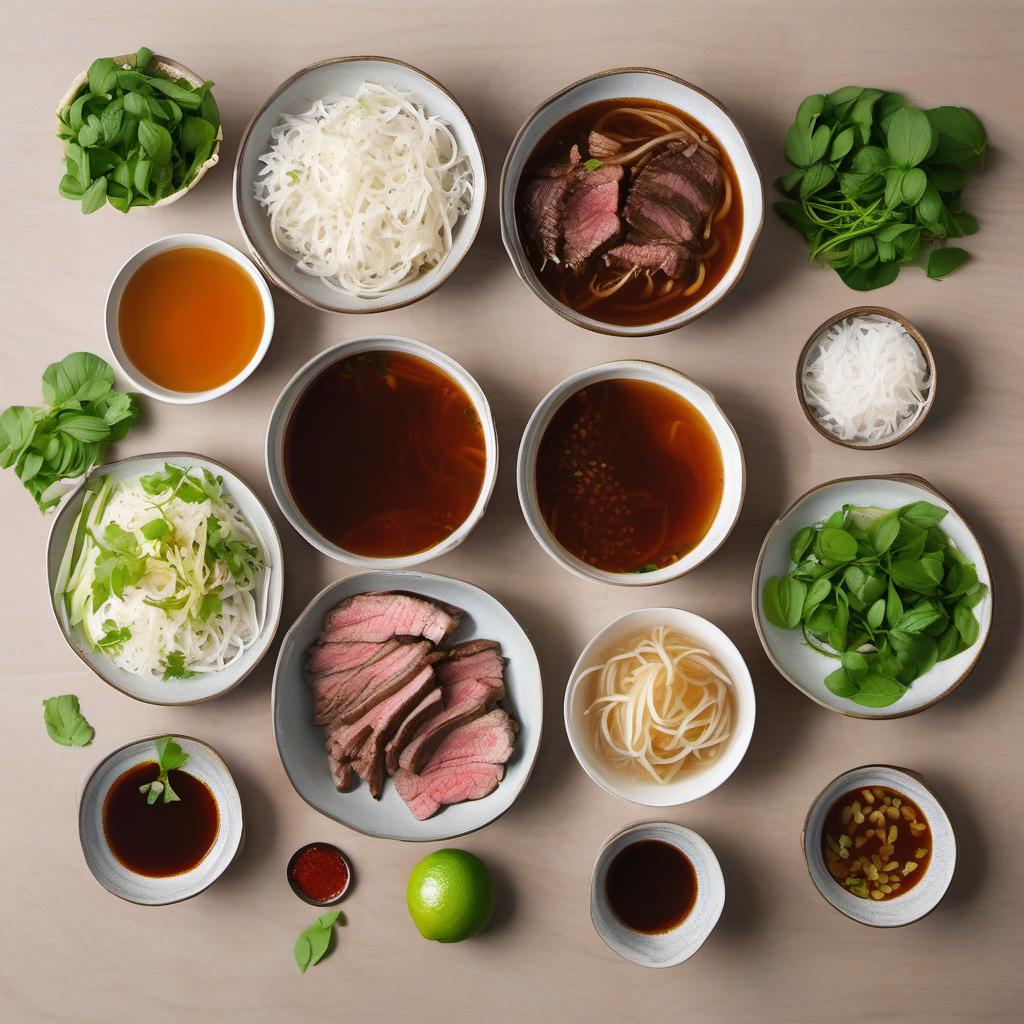 Items needed to answer the question, How do I make a comforting bowl of Pho at home. Items include:  beef broth  rice noodles  beef slices  bean sprouts  basil leaves  cilantro  lime wedges  hoisin sauce  Sriracha
