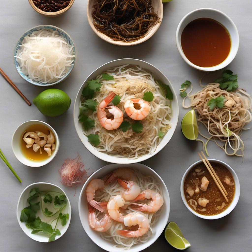 Items needed to answer the question, How do I make the best Pad Thai noodles. Items include:  Rice Noodles  Tamarind Paste  Fish Sauce  Palm Sugar  Lime Juice  Oil  Protein (Shrimp, Chicken, or Tofu)  Garlic, minced  Shallots, chopped  Eggs  Bean Sprouts  Green Onions, chopped  Crushed Peanuts  Fresh Cilantro, chopped  Lime Juice (for garnish)