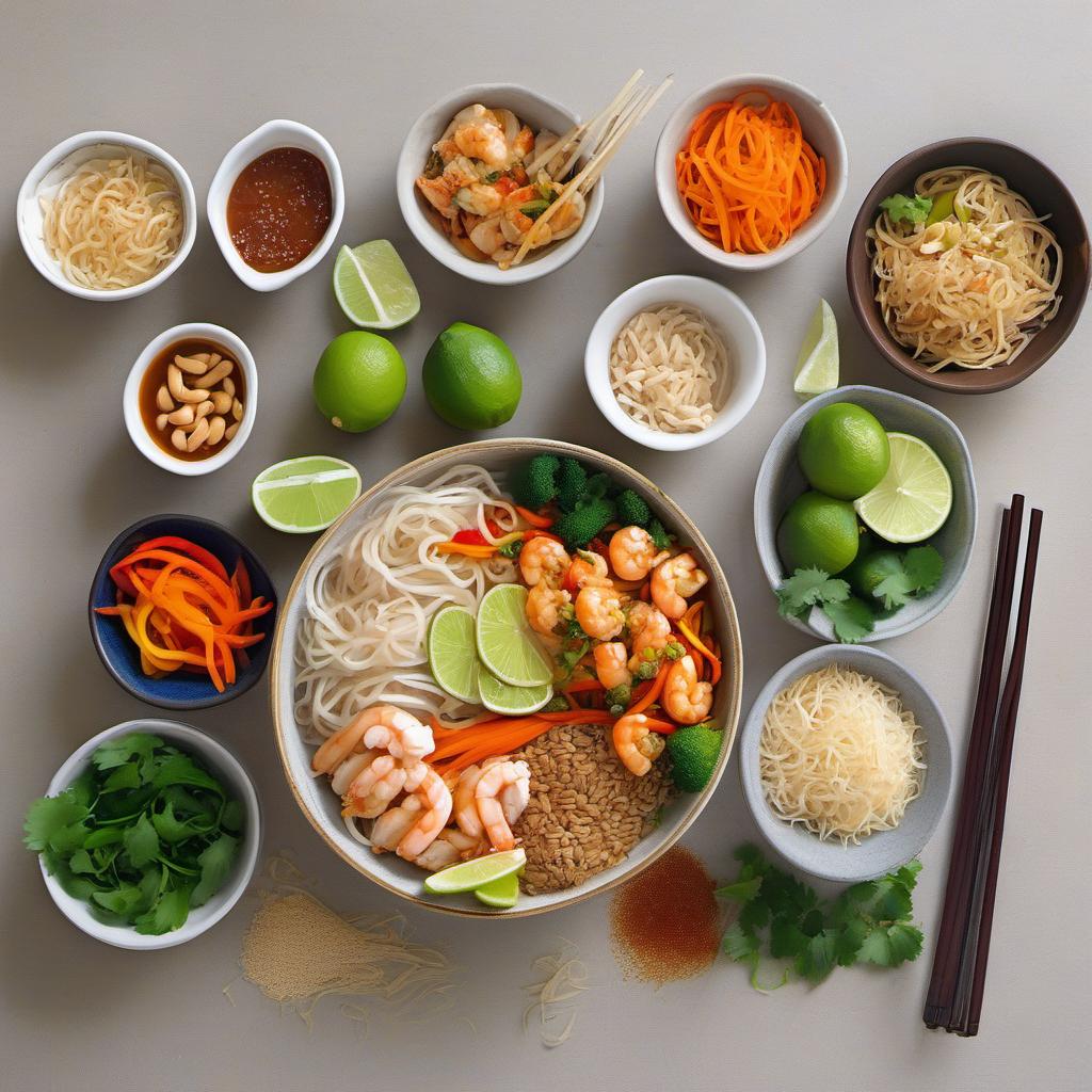 Items needed to answer the question, How do I customize my Pad Thai recipe. Items include:  rice noodles  protein (chicken, shrimp, tofu)  veggies (carrots, bell peppers, bean sprouts)  garlic  peanuts  fish sauce  tamarind paste  sugar  lime juice  oil
