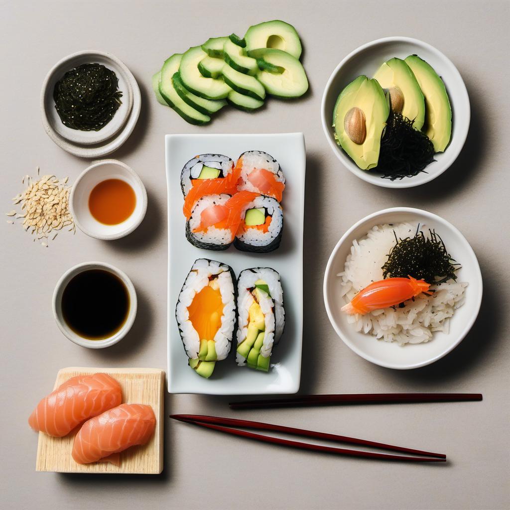 Items needed to answer the question, How do I roll a California sushi roll. Items include:  Sushi Rice  Nori Sheets  Fresh Crab Meat  Avocado  Cucumber  Toasted Sesame Seeds
