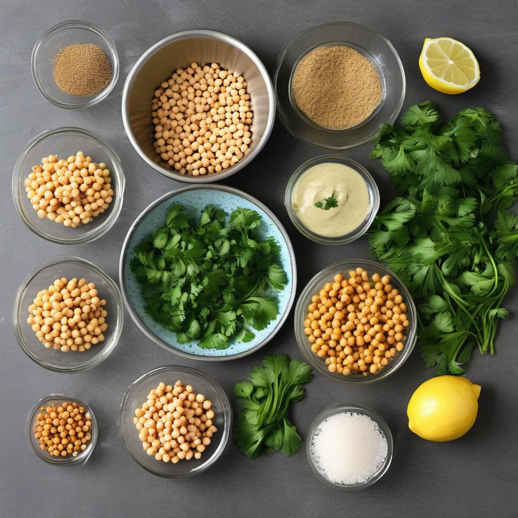 Items needed to answer the question, How do I make delicious falafel with tahini sauce. Items include:  Chickpeas  Fresh parsley leaves  Fresh cilantro leaves  Small onion  Cloves of garlic  Cumin  Coriander  Salt  Lemon juice  Vegetable oil  Tahini paste  Lemon  Water  Pita bread  Sliced cucumber  Tomato  Fresh herbs