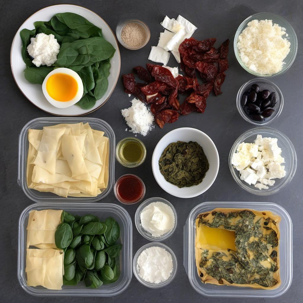 Items needed to answer the question, How do I make a delicious Spanakopita with a twist. Items include:  Phyllo dough  Spinach  Feta cheese  Sundried tomatoes  Kalamata olives  Dried oregano  Garlic powder  Egg  Melted butter