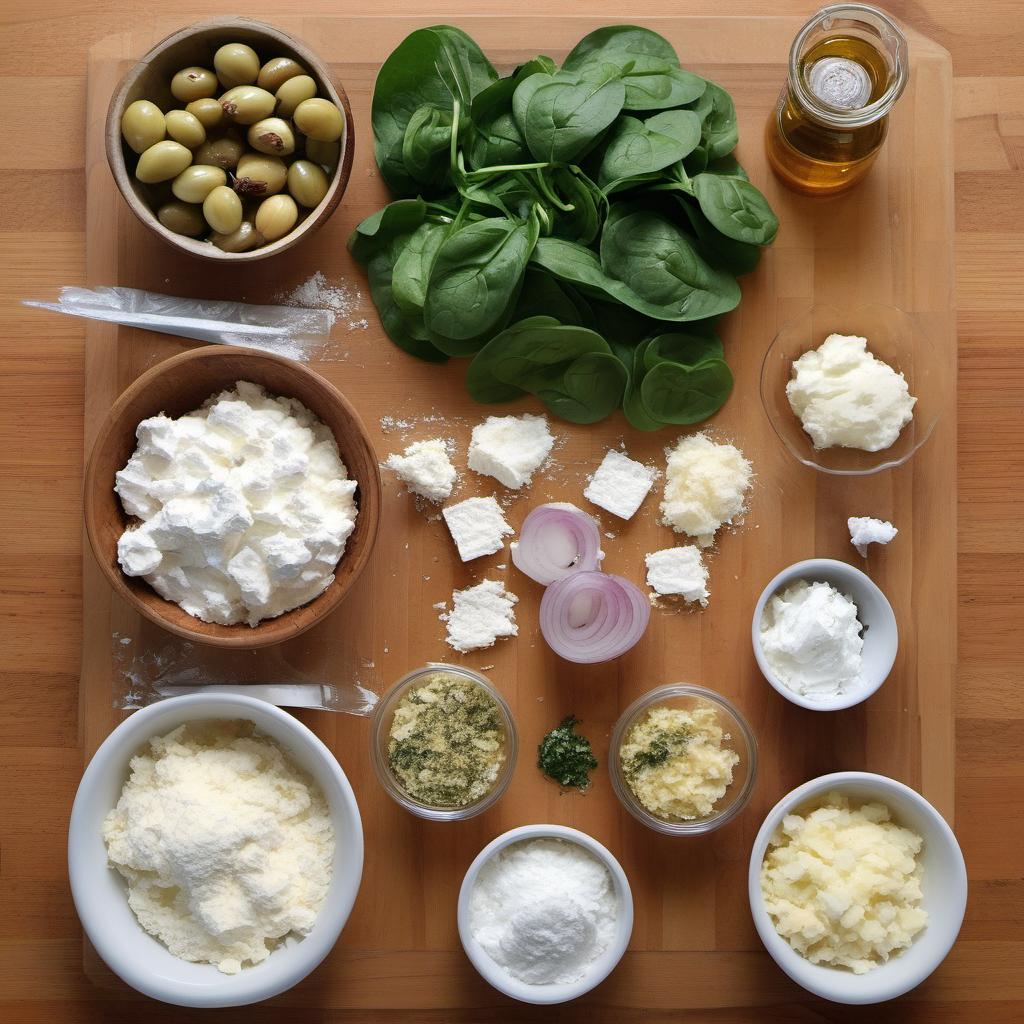 Items needed to answer the question, How do I create a mouthwatering Spanakopita pizza. Items include:  Flour  Yeast  Salt  Olive oil  Water  Spinach  Onions  Feta cheese  Ricotta cheese  Parmesan cheese  Nutmeg  Fresh herbs (optional)