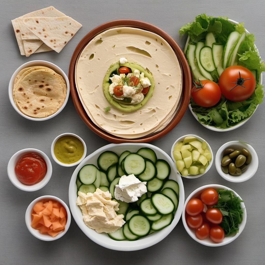 Items needed to answer the question, How do I create hummus stuffed pita pockets. Items include:  Hummus  Pita bread  Lettuce  Tomato  Cucumber  Optional extras (e.g. feta cheese, olives)
