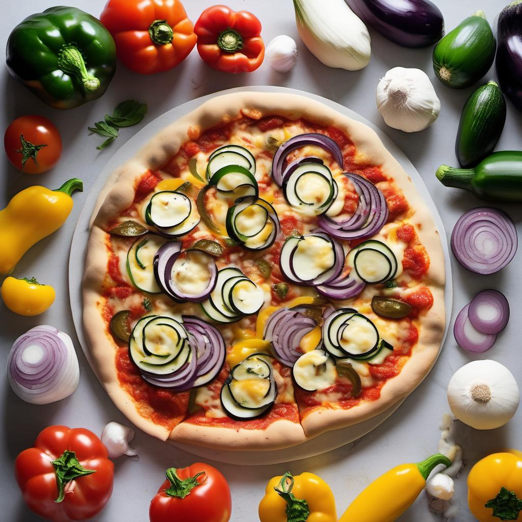 Items needed to answer the question, How do I make a ratatouille pizza. Items include:  pizza dough  eggplant  zucchini  yellow bell pepper  red onion  olive oil  tomato sauce  mozzarella cheese  optional cheese