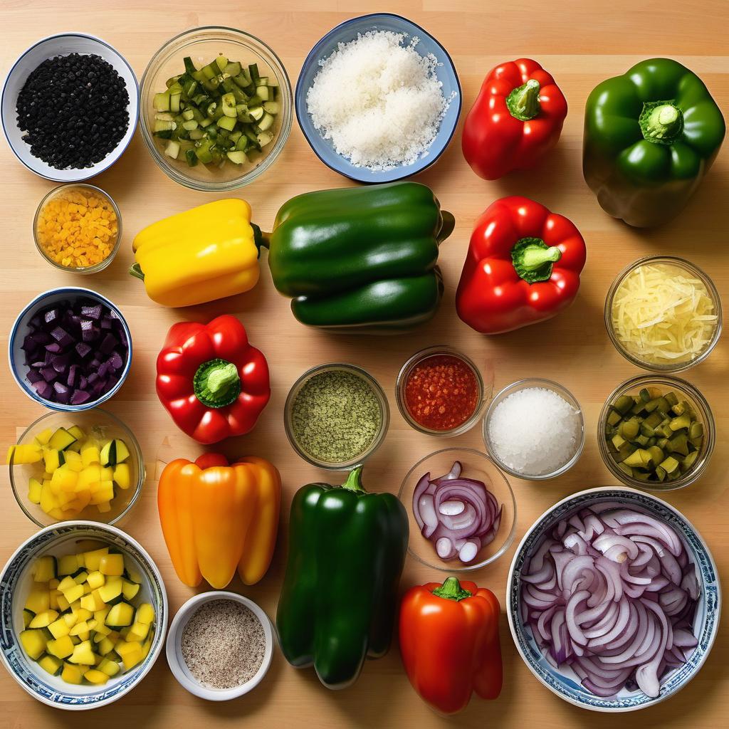 Items needed to answer the question, How do I make ratatouille stuffed peppers. Items include:  Bell peppers  Olive oil  Salt  Pepper  Onion  Garlic  Eggplant  Zucchini  Yellow squash  Diced tomatoes  Fresh basil  Oregano