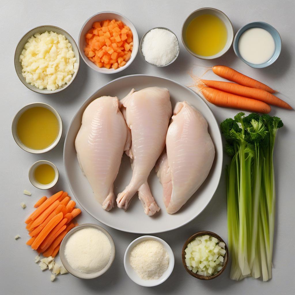 Items needed to answer the question, How do I make Chicken and Dumplings with a twist. Items include:  Chicken breasts  Onion  Carrots  Celery  Chicken broth  Flour  Baking powder  Salt  Butter  Milk