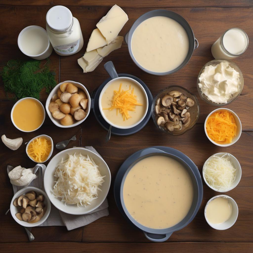 Items needed to answer the question, How do I make a Tuna Casserole. Items include:  cream of mushroom soup  milk  mayonnaise  grated cheddar cheese  onion  garlic powder  dried thyme  egg noodles  canned tuna