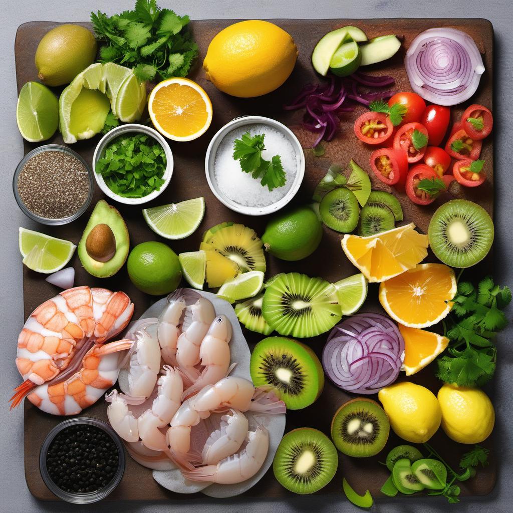 Items needed to answer the question, How do I create a tropical fruit ceviche. Items include:  Seafood  Lime  Lemon  Orange  Olive oil  Salt  Black pepper  Mango  Kiwi  Pineapple  Red onion  Fresh cilantro