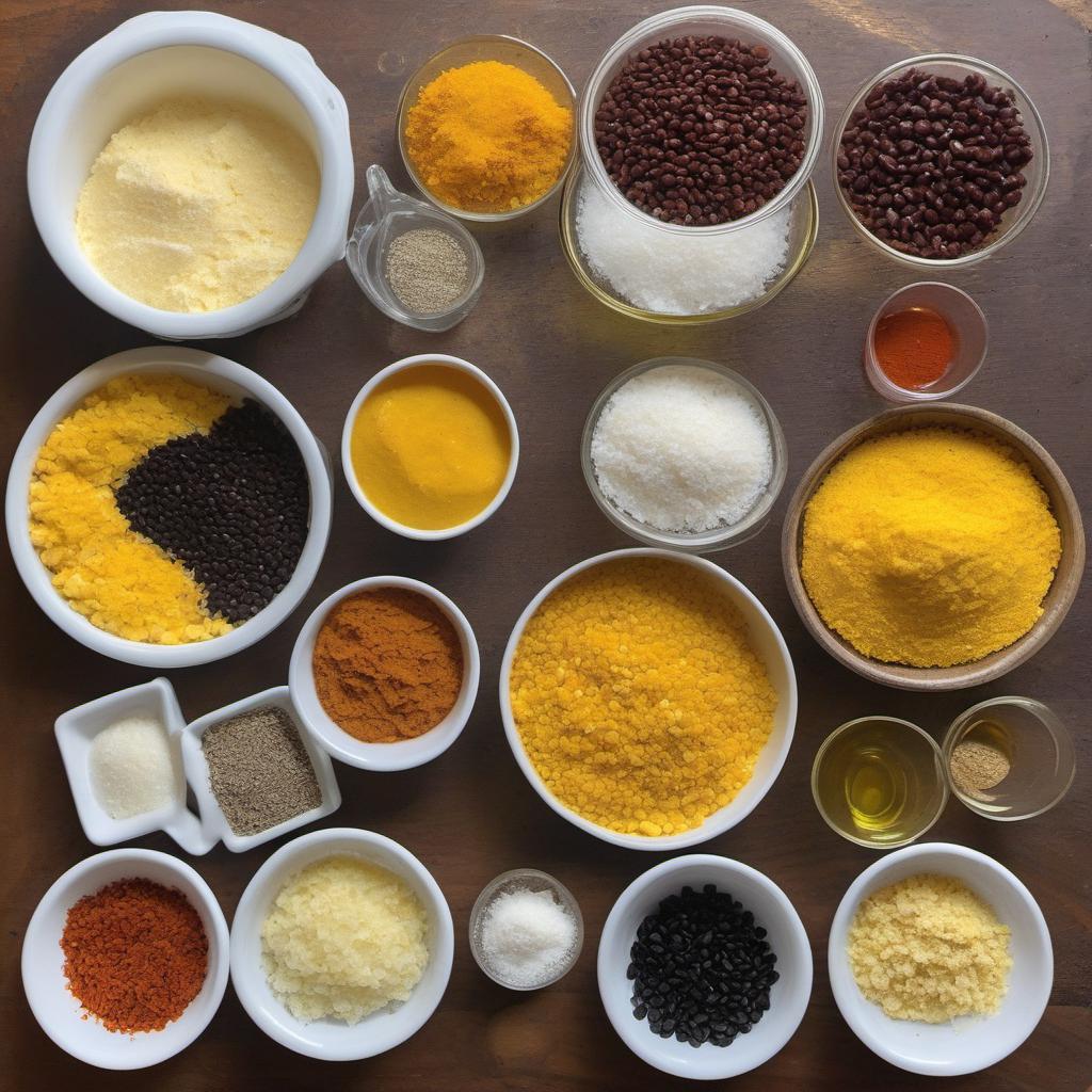 Items needed to answer the question, How do I make vegan arepas with black bean filling. Items include:  Pre-cooked cornmeal (maize flour)  Salt  Warm water  Oil  Onion  Garlic cloves  Cooked black beans  Ground cumin  Paprika  Salt and pepper